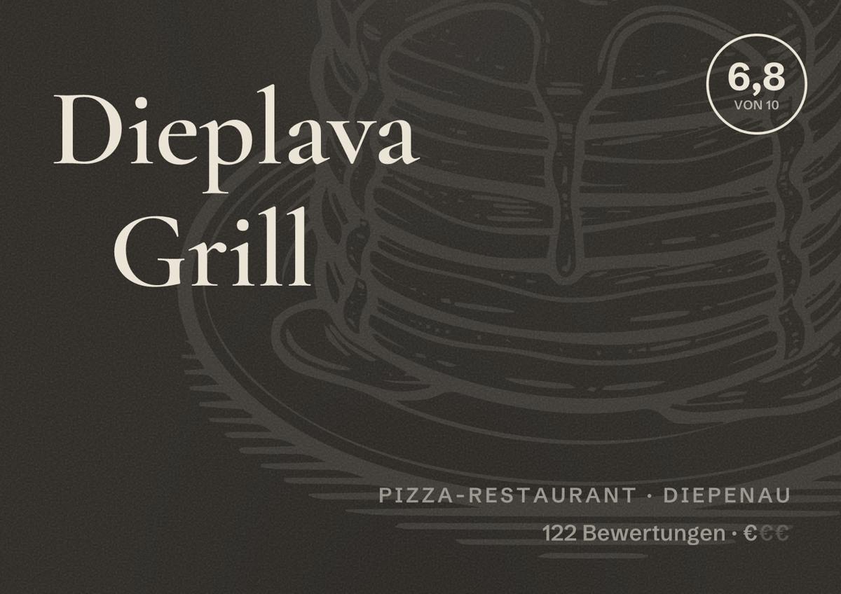 Illustriertes Poster von Dieplava Grill, Pizza-Restaurant in Diepenau: Bewertung 6,8 von 10 aus 122 Bewertungen, Preisniveau €