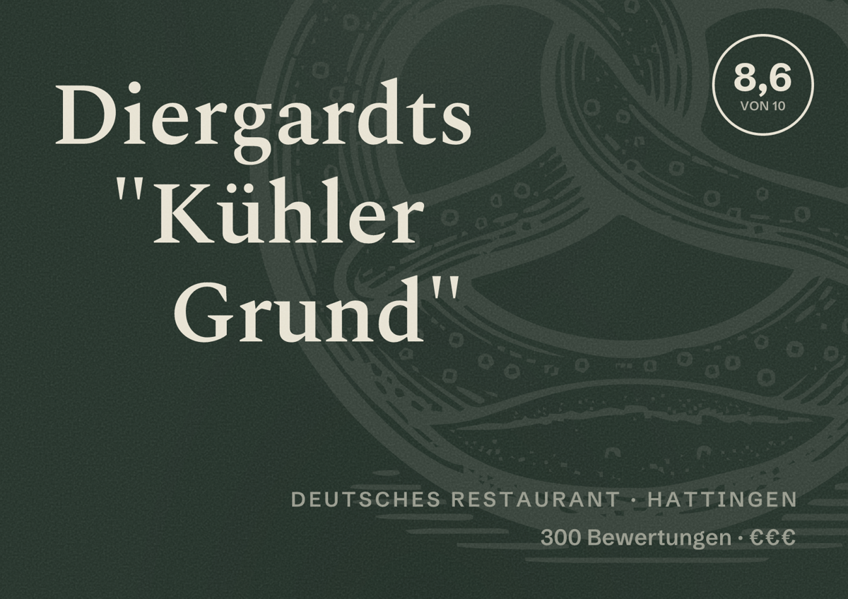 Illustriertes Poster von Diergardts "Kühler Grund", Deutsches Restaurant in Hattingen: Bewertung 8,6 von 10 aus 300 Bewertungen, Preisniveau €€€