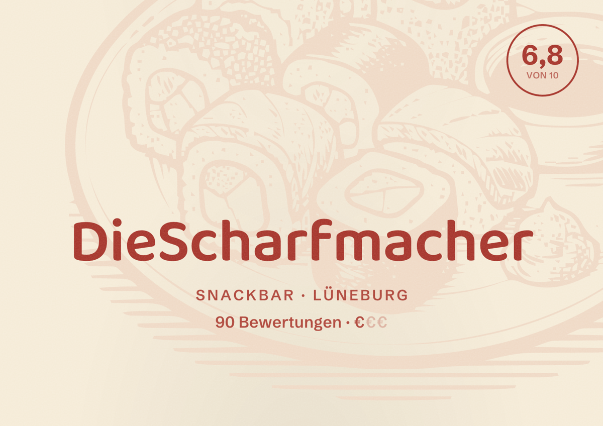 Illustriertes Poster von DieScharfmacher, Snackbar in Lüneburg: Bewertung 6,8 von 10 aus 90 Bewertungen, Preisniveau €