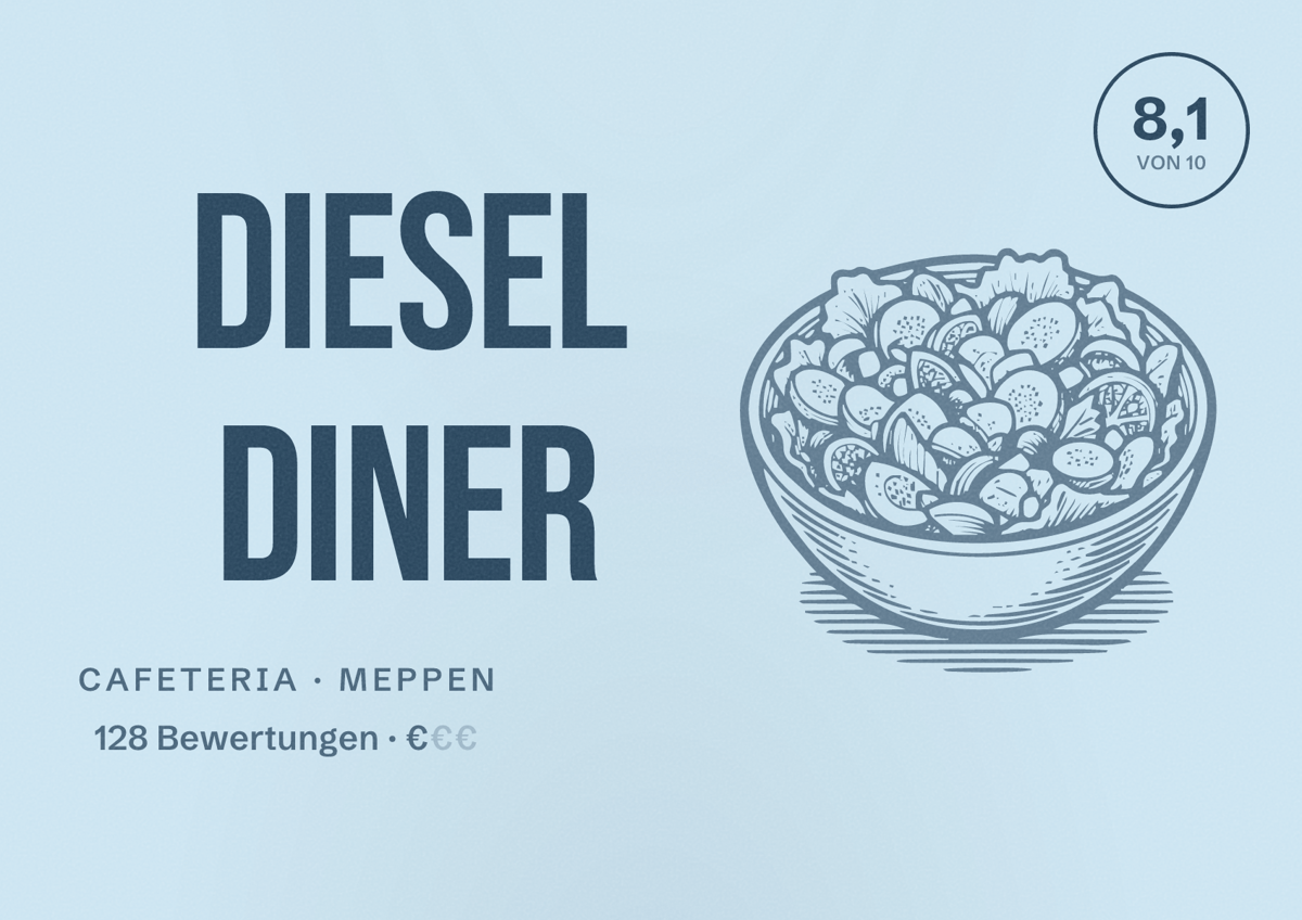 Illustriertes Poster von Diesel Diner, Cafeteria in Meppen: Bewertung 8,1 von 10 aus 128 Bewertungen, Preisniveau €