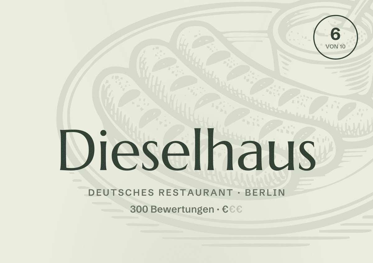 Illustriertes Poster von Dieselhaus, Deutsches Restaurant in Berlin: Bewertung 6,0 von 10 aus 300 Bewertungen, Preisniveau €