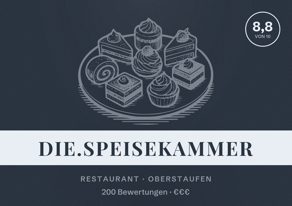 Illustriertes Poster von die.speisekammer, Restaurant in Oberstaufen: Bewertung 8,8 von 10 aus 200 Bewertungen, Preisniveau €€€