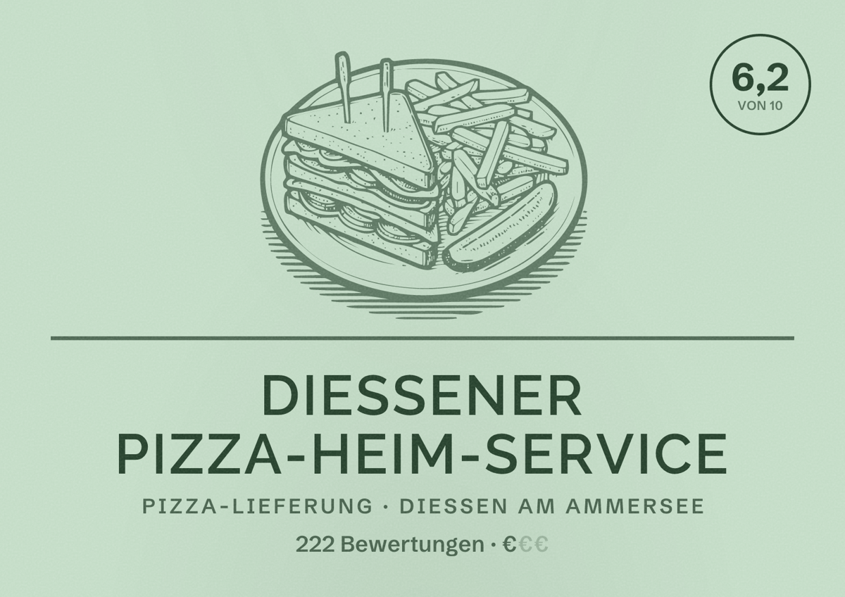Illustriertes Poster von Diessener Pizza-Heim-Service, Pizza-Lieferung in Dießen am Ammersee: Bewertung 6,2 von 10 aus 222 Bewertungen, Preisniveau €