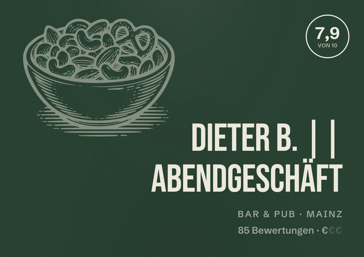 Illustriertes Poster von Dieter B. || Abendgeschäft, Bar & Pub in Mainz: Bewertung 7,9 von 10 aus 85 Bewertungen, Preisniveau €