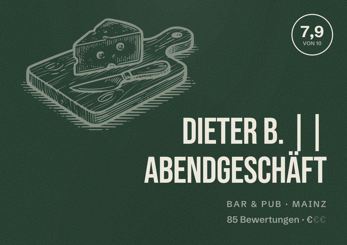 Illustriertes Poster von Dieter B. || Abendgeschäft, Bar & Pub in Mainz: Bewertung 7,9 von 10 aus 85 Bewertungen, Preisniveau €