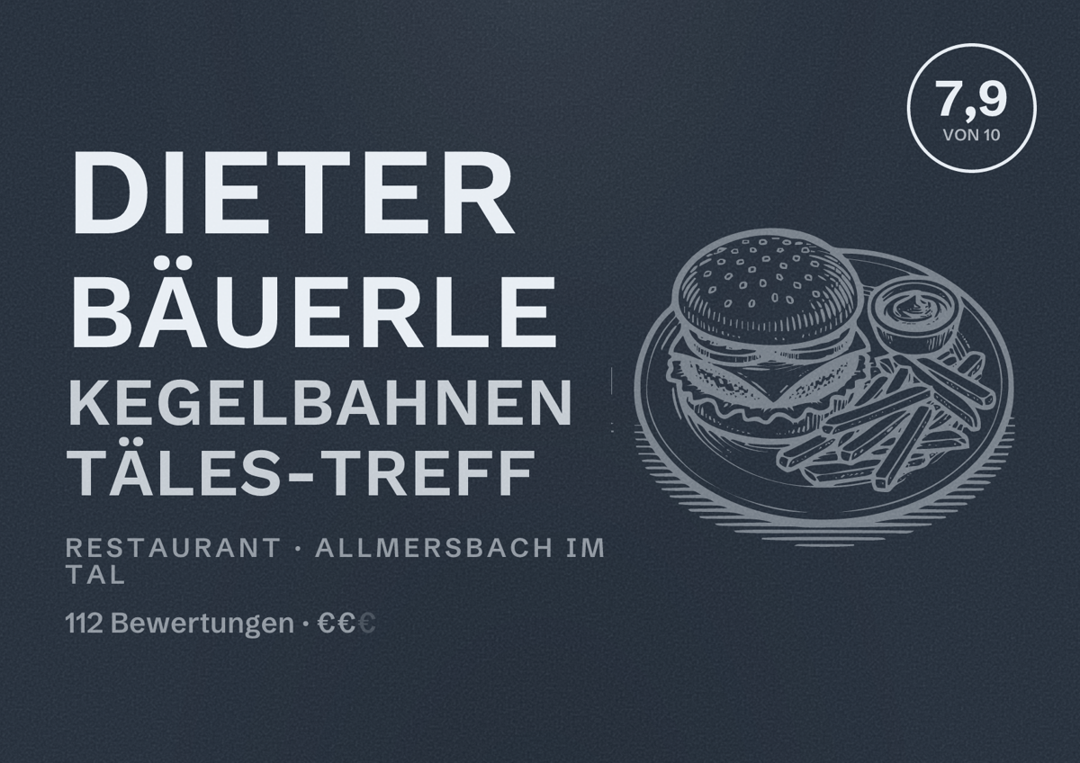 Illustriertes Poster von Dieter Bäuerle Kegelbahnen Täles-Treff, Restaurant in Allmersbach im Tal: Bewertung 7,9 von 10 aus 112 Bewertungen, Preisniveau €€