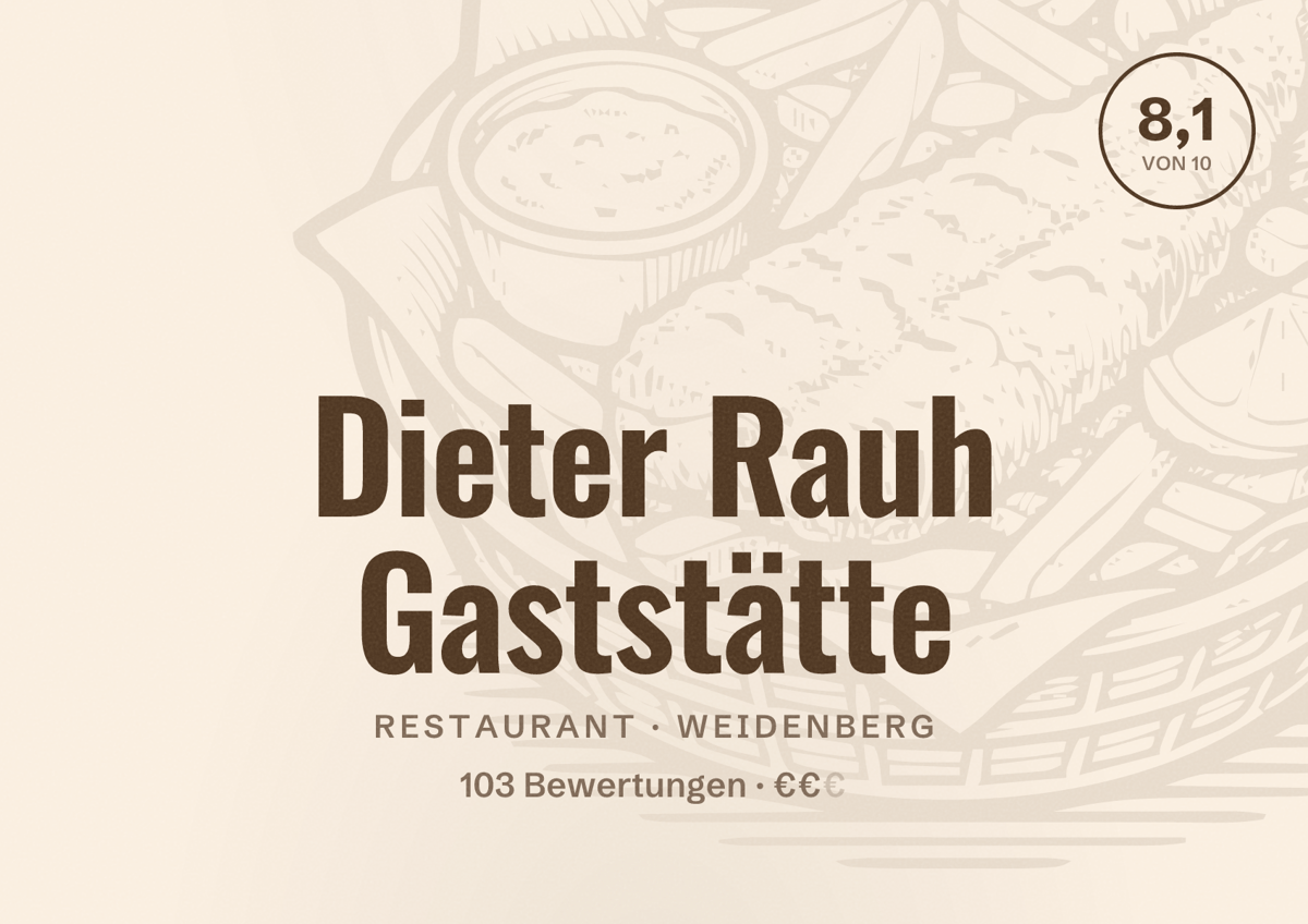 Illustriertes Poster von Dieter Rauh Gaststätte, Restaurant in Weidenberg: Bewertung 8,1 von 10 aus 103 Bewertungen, Preisniveau €€