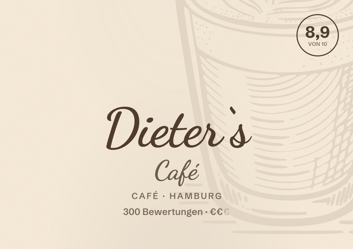 Illustriertes Poster von Dieter‘s Café, Café in Hamburg: Bewertung 8,9 von 10 aus 300 Bewertungen, Preisniveau €€