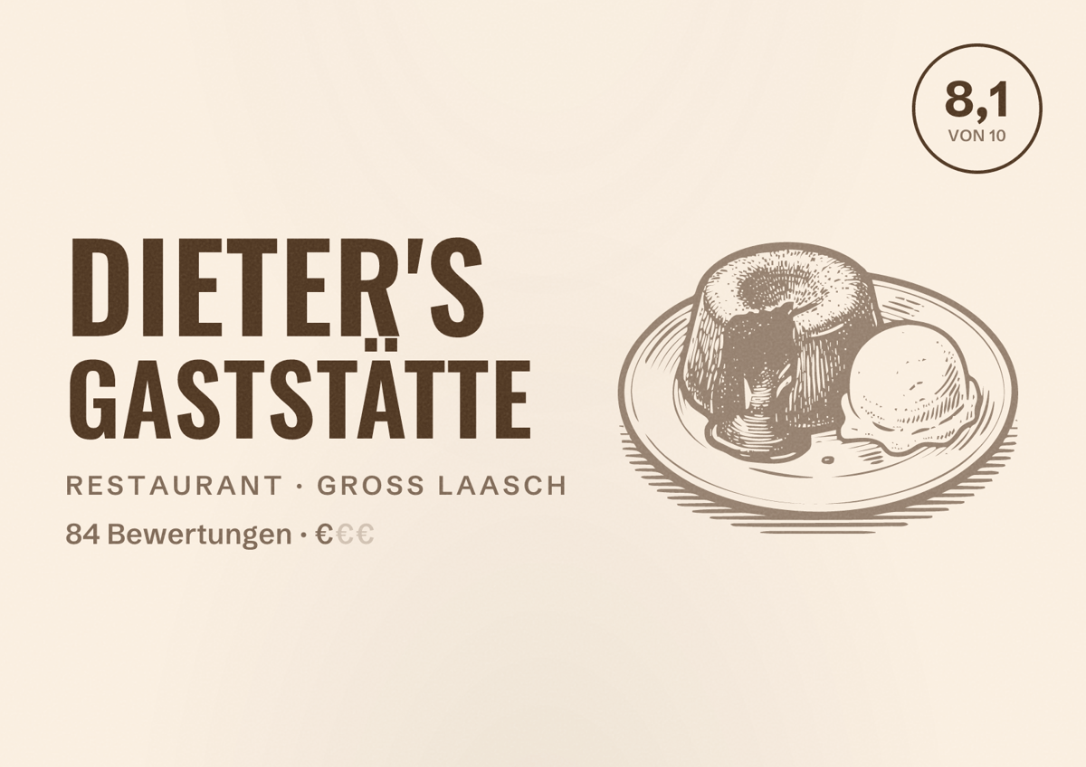 Illustriertes Poster von Dieter's Gaststätte, Restaurant in Groß Laasch: Bewertung 8,1 von 10 aus 84 Bewertungen, Preisniveau €