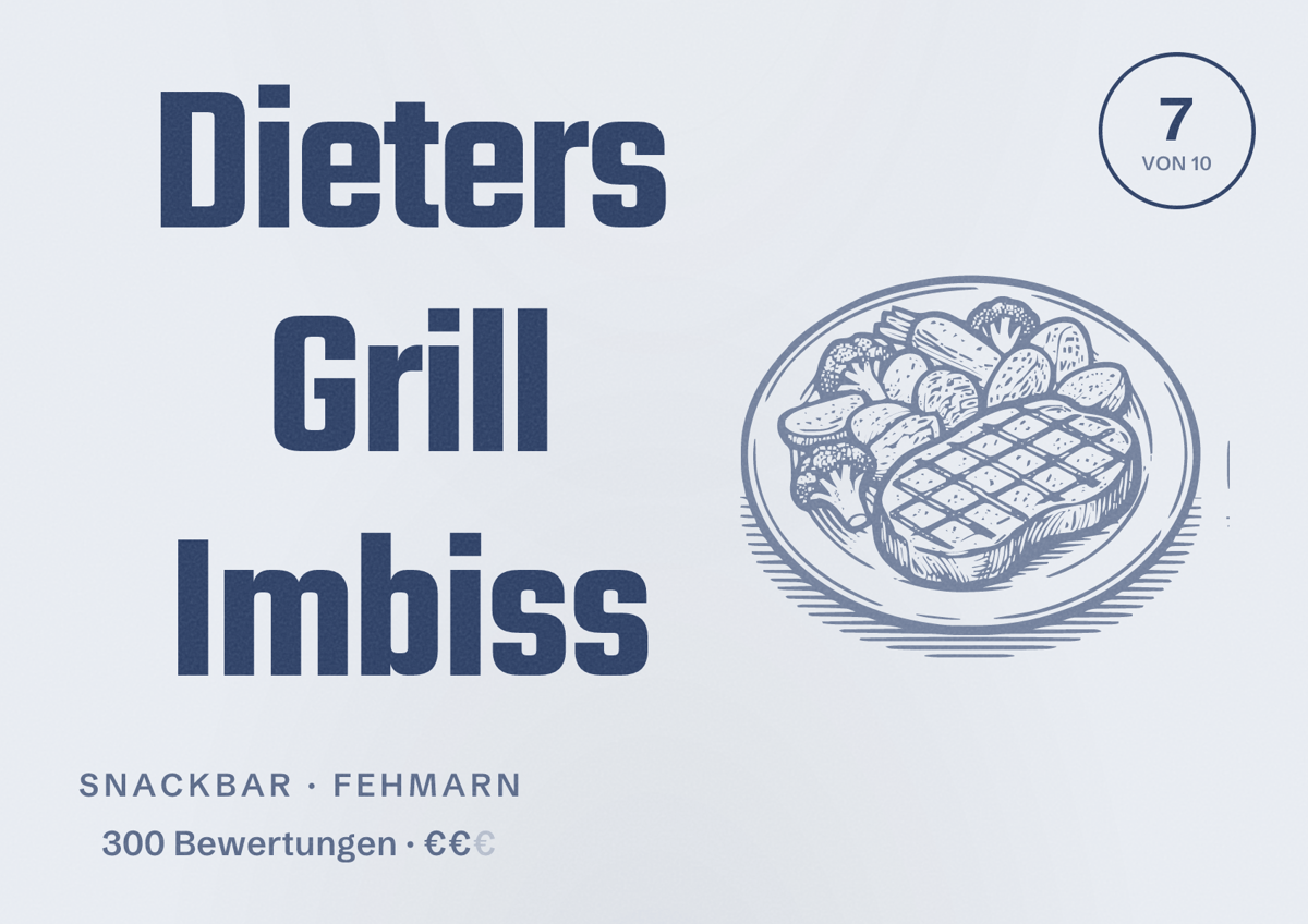Illustriertes Poster von Dieters Grill Imbiss, Snackbar in Fehmarn: Bewertung 7 von 10 aus 300 Bewertungen, Preisniveau €€