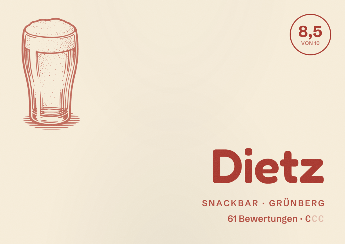 Illustriertes Poster von Dietz, Snackbar in Grünberg: Bewertung 8,5 von 10 aus 61 Bewertungen, Preisniveau €