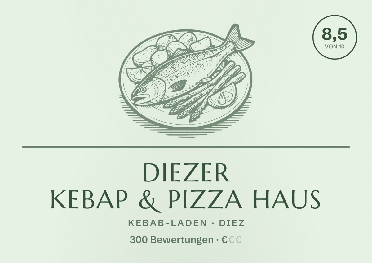 Illustriertes Poster von Diezer Kebap & Pizza Haus, Kebab-Laden in Diez: Bewertung 8,5 von 10 aus 300 Bewertungen, Preisniveau €