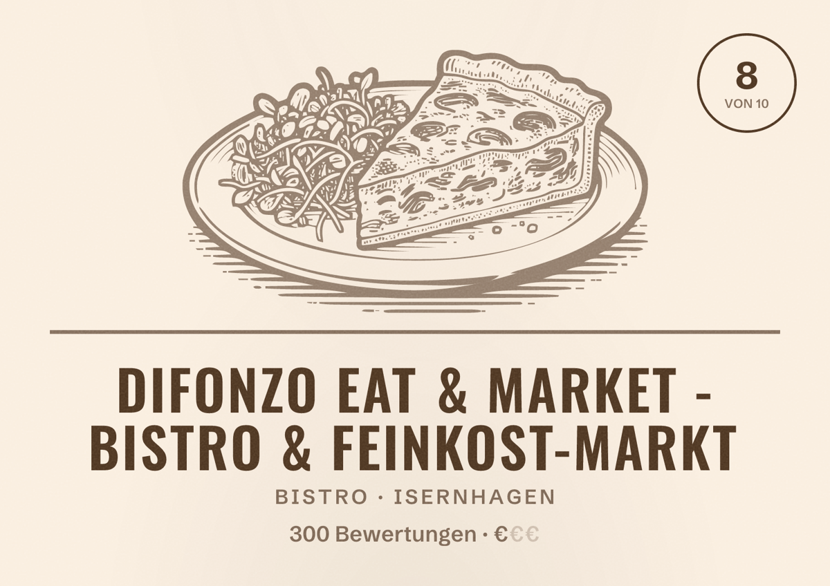 Illustriertes Poster von Difonzo Eat & Market - Bistro & Feinkost-Markt, Bistro in Isernhagen: Bewertung 8 von 10 aus 300 Bewertungen, Preisniveau €