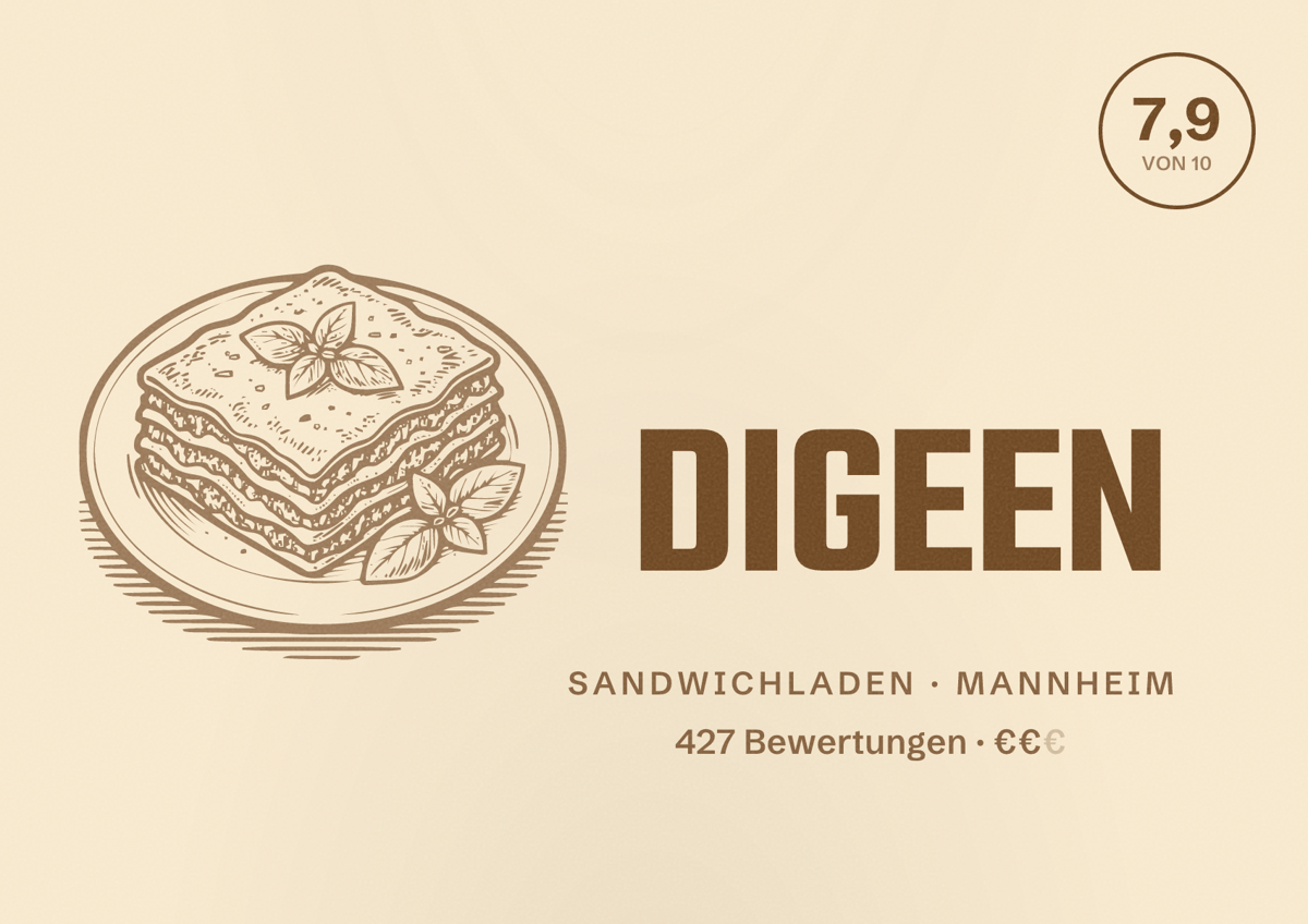 Illustriertes Poster von DIGEEN, Sandwichladen in Mannheim: Bewertung 7,9 von 10 aus 427 Bewertungen, Preisniveau €€