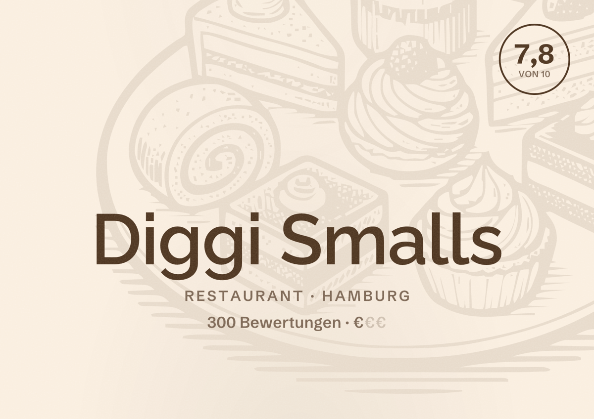 Illustriertes Poster von Diggi Smalls, Restaurant in Hamburg: Bewertung 7,8 von 10 aus 300 Bewertungen, Preisniveau €