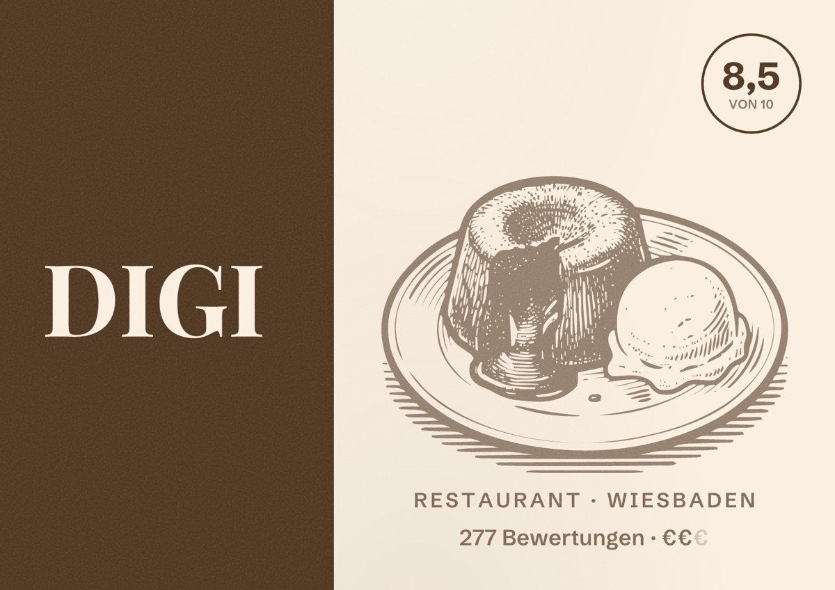 Illustriertes Poster von DIGI, Restaurant in Wiesbaden: Bewertung 8,5 von 10 aus 277 Bewertungen, Preisniveau €€