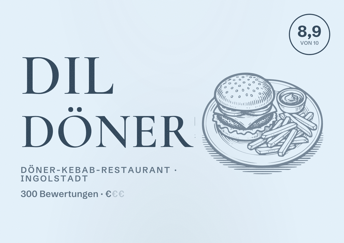 Illustriertes Poster von DIL DÖNER, Döner-Kebab-Restaurant in Ingolstadt: Bewertung 8,9 von 10 aus 300 Bewertungen, Preisniveau €