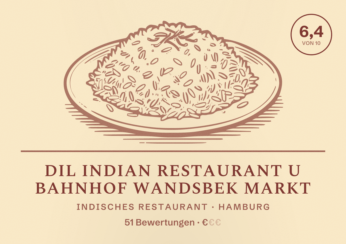 Illustriertes Poster von DIL Indian Restaurant U Bahnhof Wandsbek Markt, Indisches Restaurant in Hamburg: Bewertung 6,4 von 10 aus 51 Bewertungen, Preisniveau €