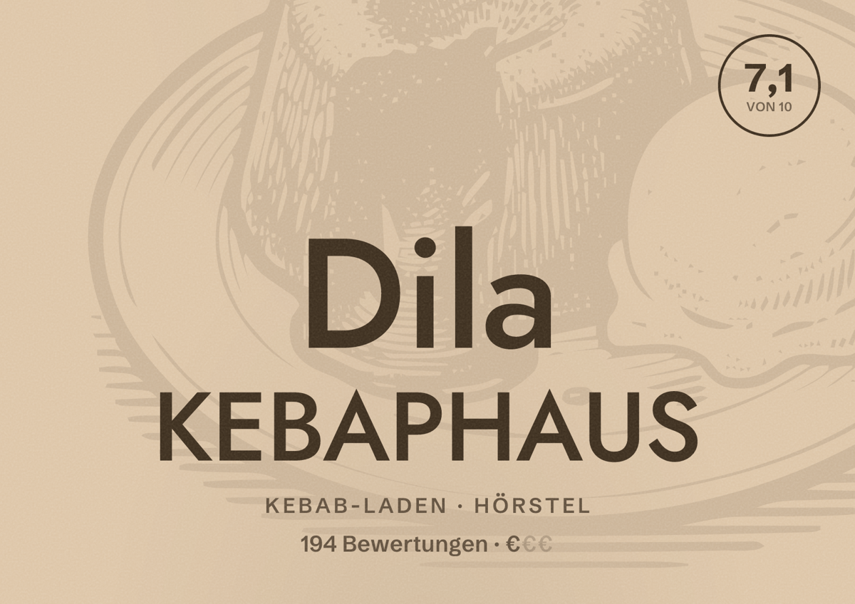 Illustriertes Poster von Dila KEBAPHAUS, Kebab-Laden in Hörstel: Bewertung 7,1 von 10 aus 194 Bewertungen, Preisniveau €