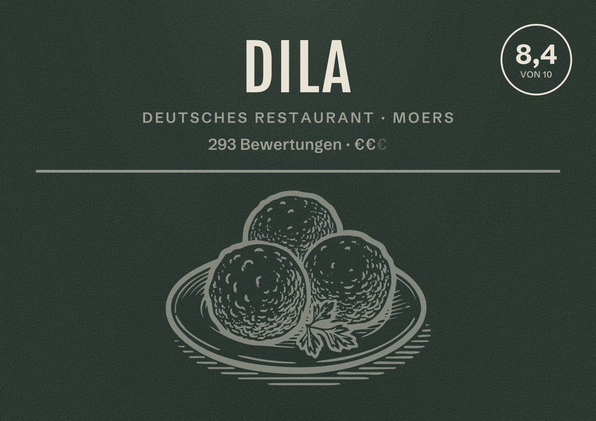 Illustriertes Poster von Dila, Deutsches Restaurant in Moers: Bewertung 8,4 von 10 aus 293 Bewertungen, Preisniveau €€