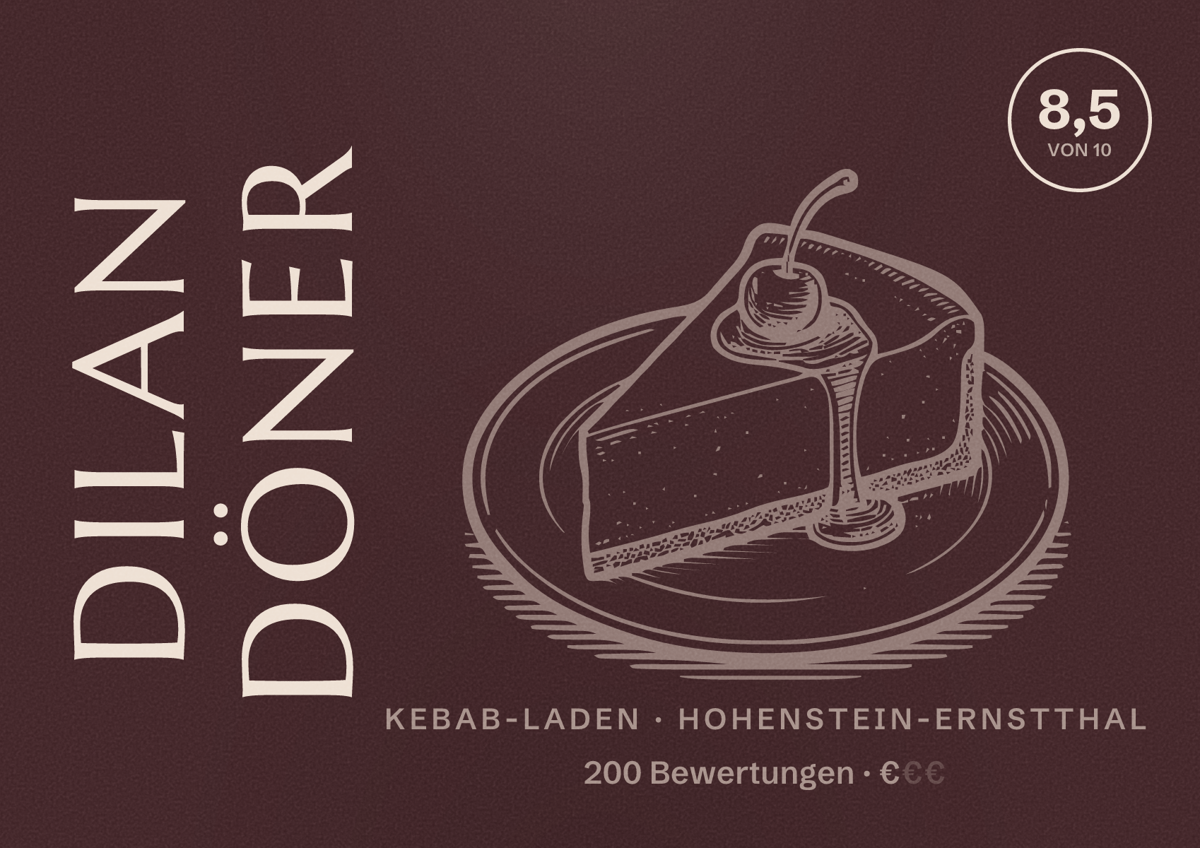 Illustriertes Poster von Dilan Döner, Kebab-Laden in Hohenstein-Ernstthal: Bewertung 8,5 von 10 aus 200 Bewertungen, Preisniveau €