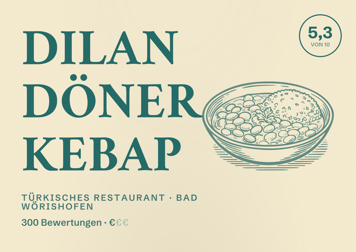 Illustriertes Poster von Dilan Döner Kebap, Türkisches Restaurant in Bad Wörishofen: Bewertung 5,3 von 10 aus 300 Bewertungen, Preisniveau €