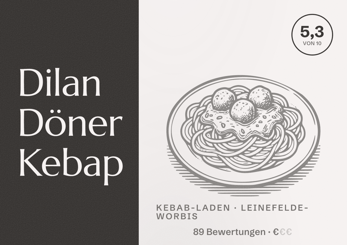 Illustriertes Poster von Dilan Döner Kebap, Kebab-Laden in Leinefelde-Worbis: Bewertung 5,3 von 10 aus 89 Bewertungen, Preisniveau €