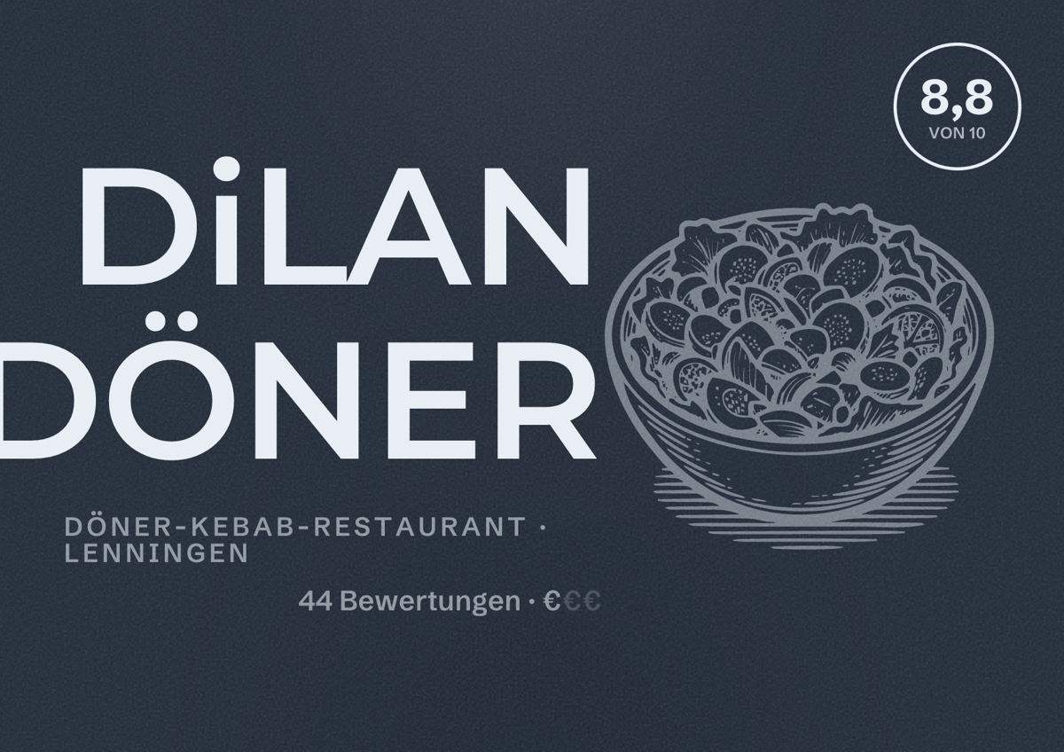 Illustriertes Poster von DiLAN DÖNER, Döner-Kebab-Restaurant in Lenningen: Bewertung 8,8 von 10 aus 44 Bewertungen, Preisniveau €