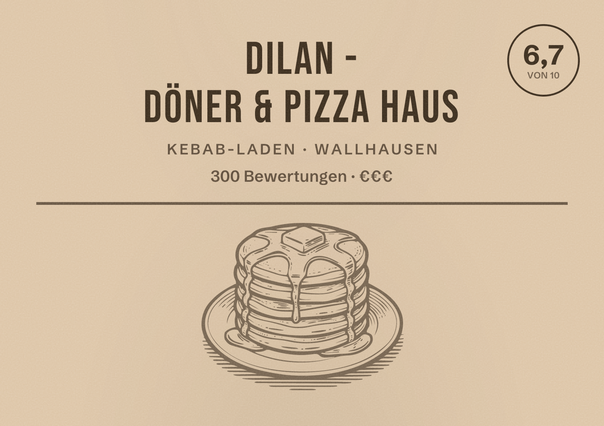 Illustriertes Poster von Dilan - Döner & Pizza Haus, Kebab-Laden in Wallhausen: Bewertung 6,7 von 10 aus 300 Bewertungen, Preisniveau €€€