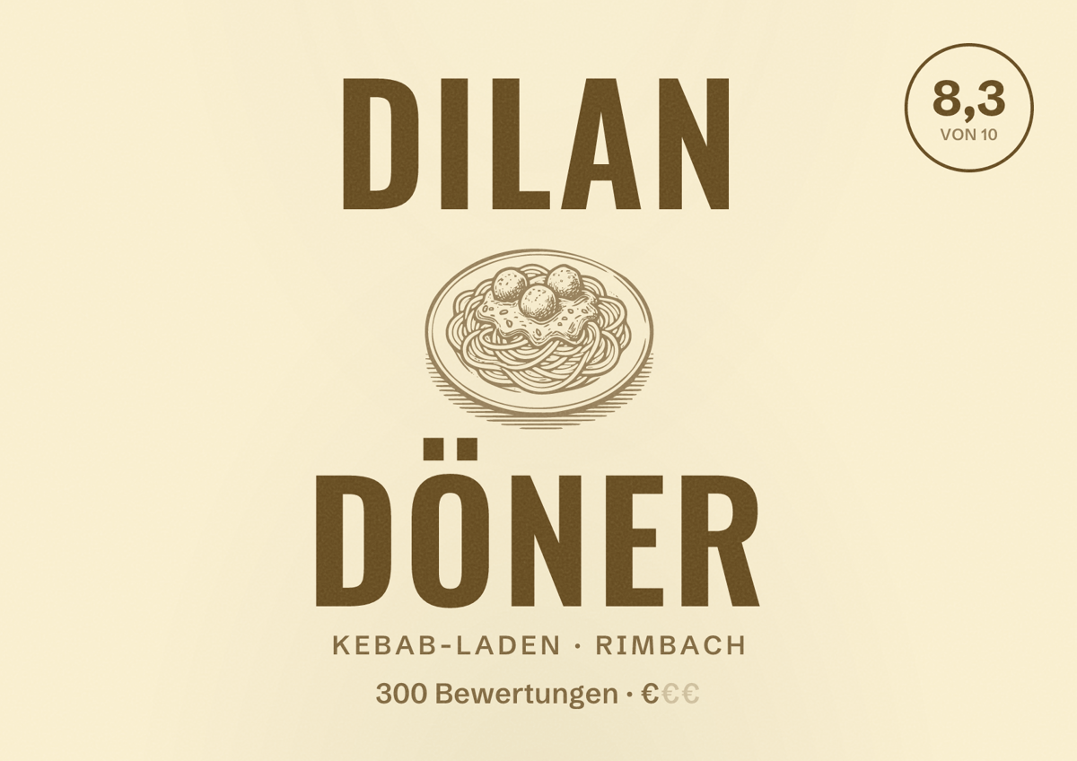 Illustriertes Poster von Dilan Döner, Kebab-Laden in Rimbach: Bewertung 8,3 von 10 aus 300 Bewertungen, Preisniveau €