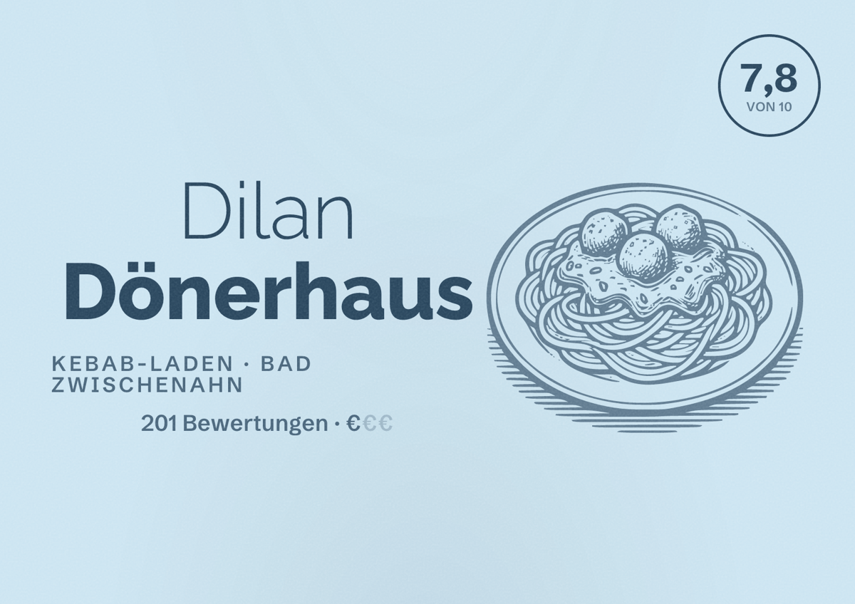 Illustriertes Poster von Dilan Dönerhaus, Kebab-Laden in Bad Zwischenahn: Bewertung 7,8 von 10 aus 201 Bewertungen, Preisniveau €