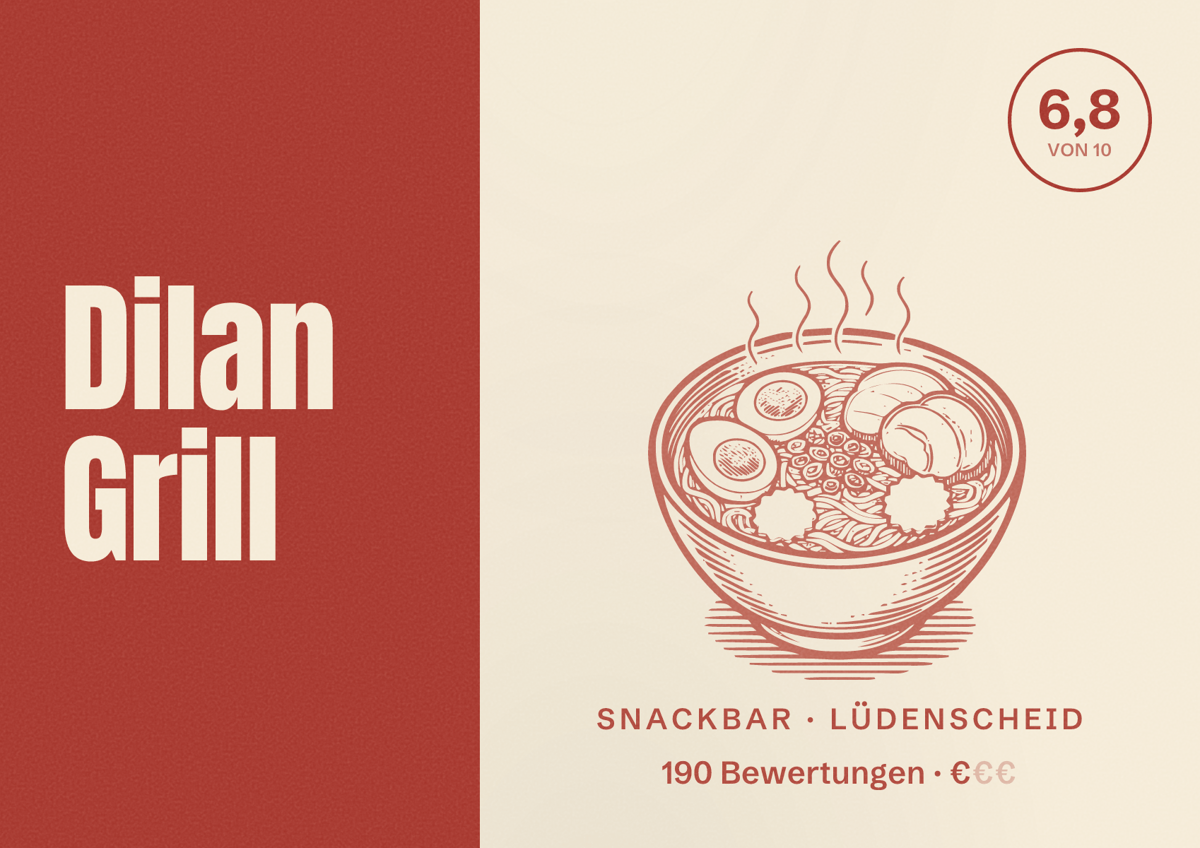 Illustriertes Poster von Dilan Grill, Snackbar in Lüdenscheid: Bewertung 6,8 von 10 aus 190 Bewertungen, Preisniveau €