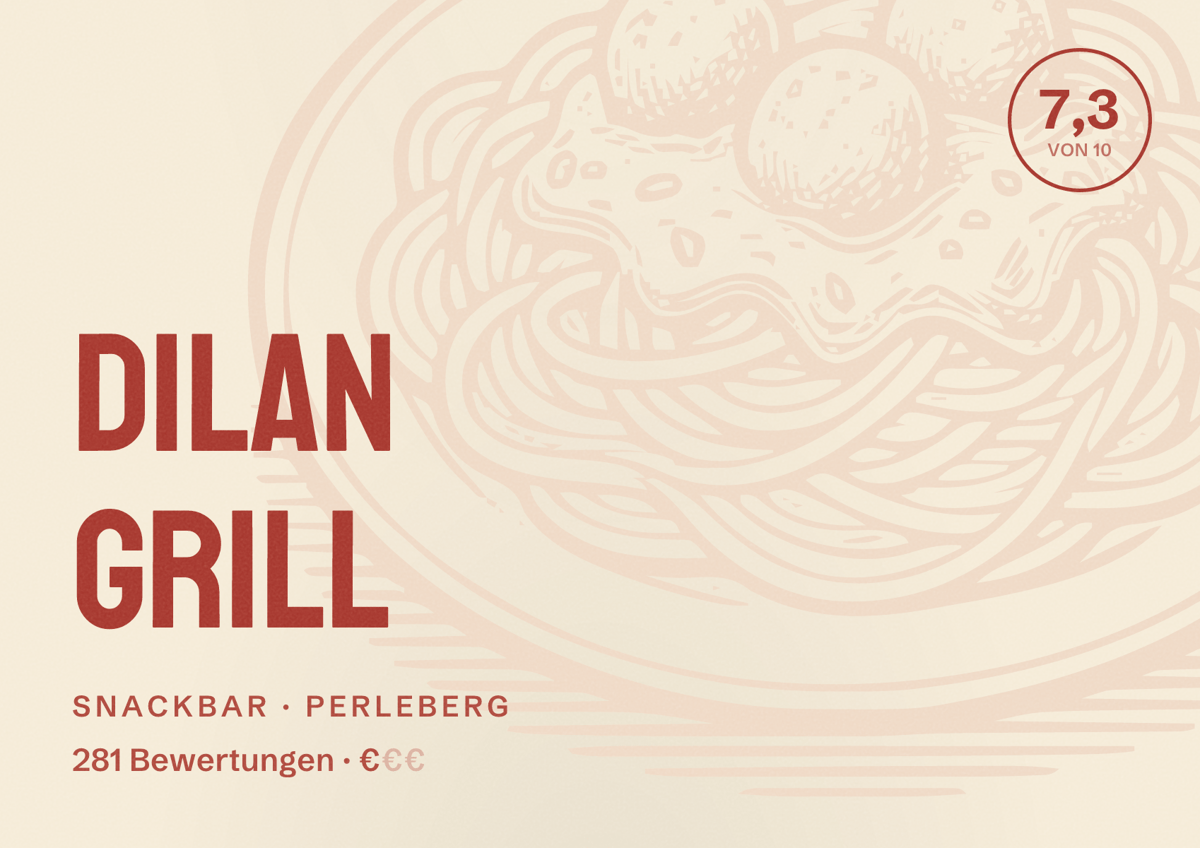 Illustriertes Poster von Dilan Grill, Snackbar in Perleberg: Bewertung 7,3 von 10 aus 281 Bewertungen, Preisniveau €