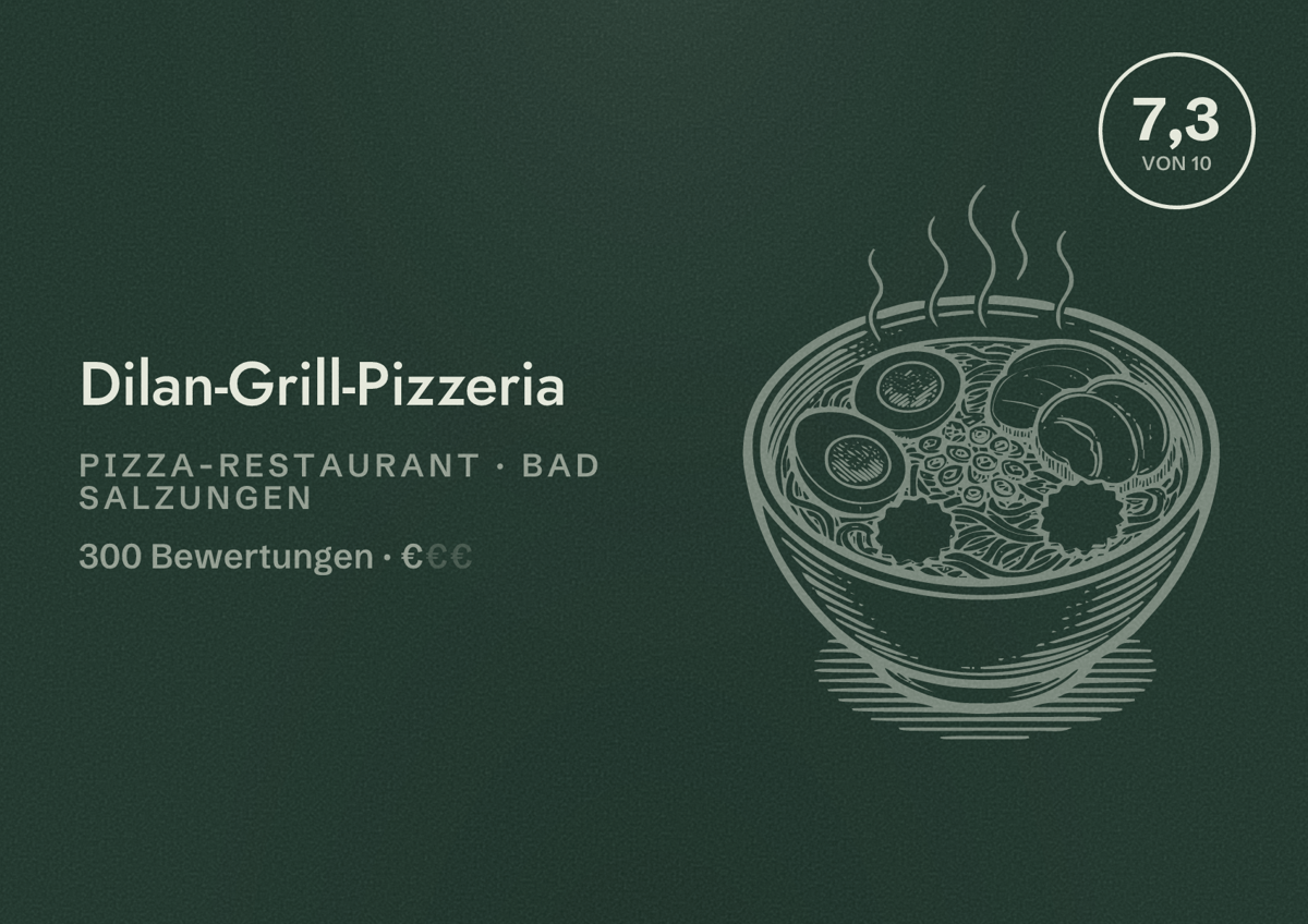 Illustriertes Poster von Dilan-Grill-Pizzeria, Pizza-Restaurant in Bad Salzungen: Bewertung 7,3 von 10 aus 300 Bewertungen, Preisniveau €