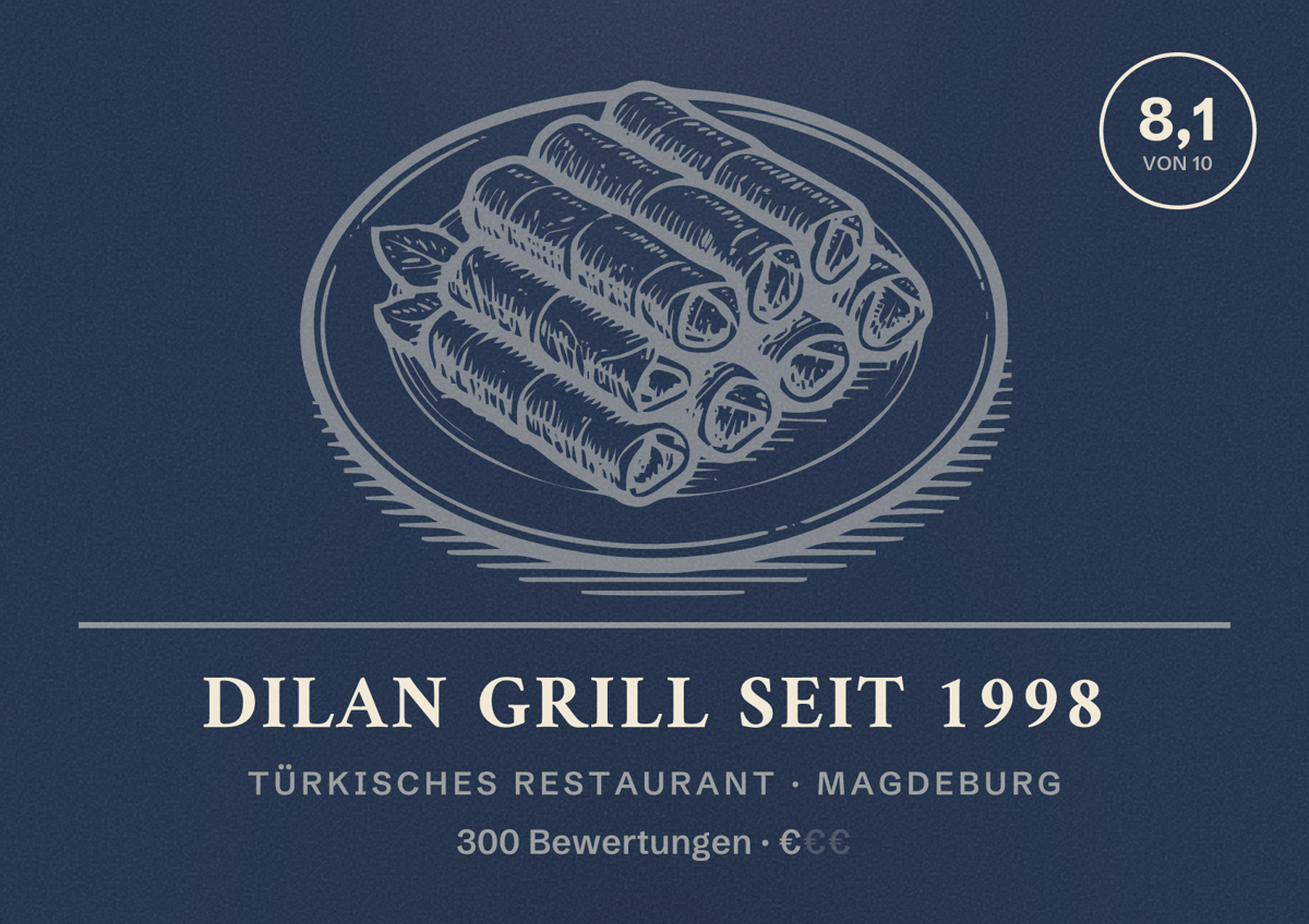 Illustriertes Poster von Dilan Grill seit 1998, Türkisches Restaurant in Magdeburg: Bewertung 8,1 von 10 aus 300 Bewertungen, Preisniveau €
