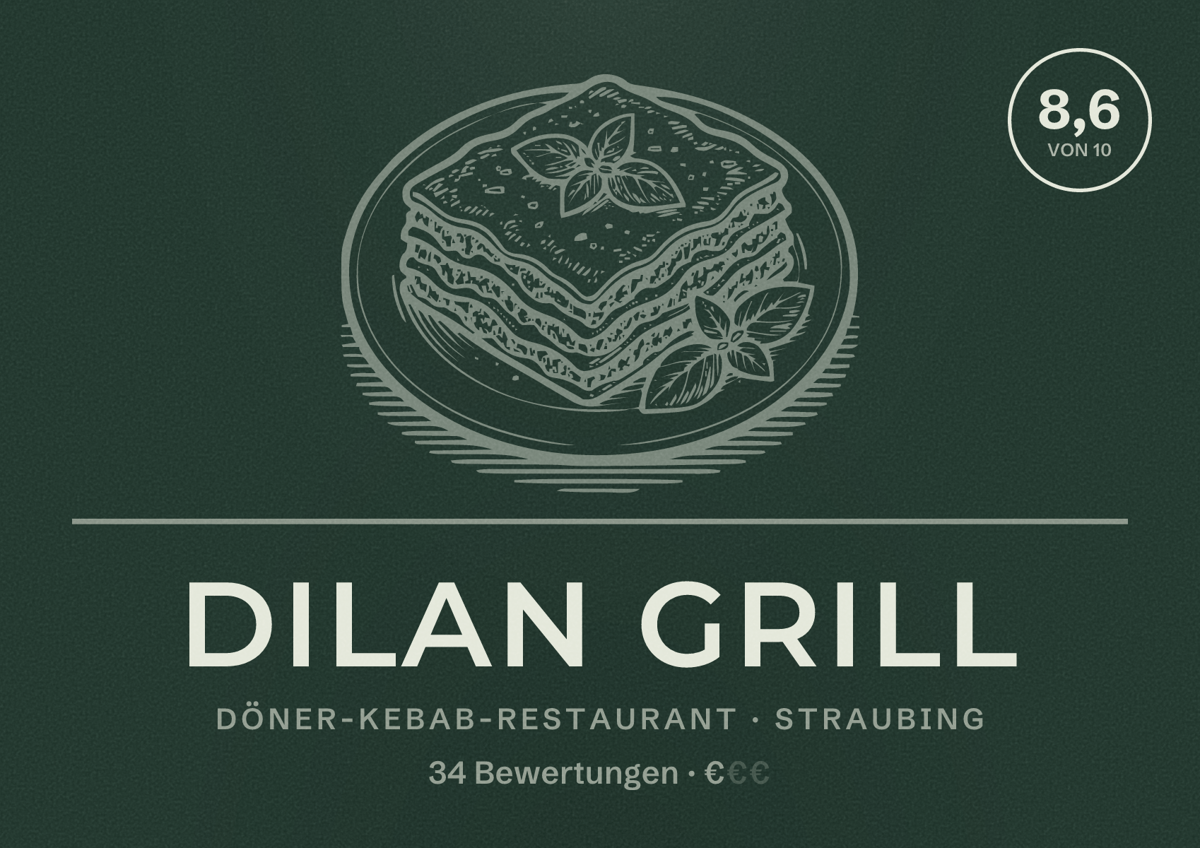 Illustriertes Poster von Dilan Grill, Döner-Kebab-Restaurant in Straubing: Bewertung 8,6 von 10 aus 34 Bewertungen, Preisniveau €