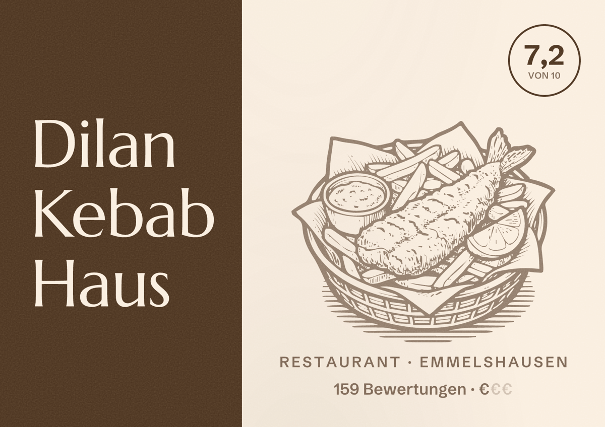 Illustriertes Poster von Dilan Kebab Haus, Restaurant in Emmelshausen: Bewertung 7,2 von 10 aus 159 Bewertungen, Preisniveau €