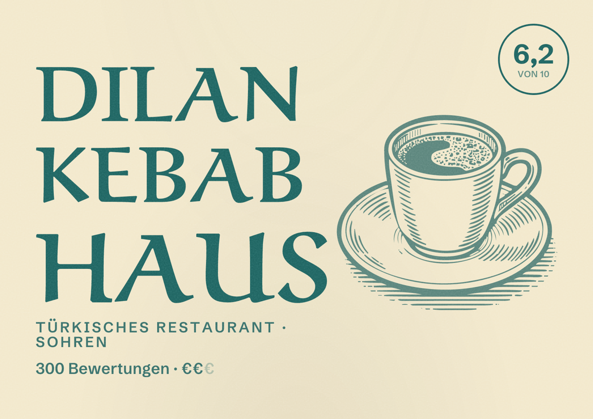 Illustriertes Poster von Dilan Kebab Haus, Türkisches Restaurant in Sohren: Bewertung 6,2 von 10 aus 300 Bewertungen, Preisniveau €€