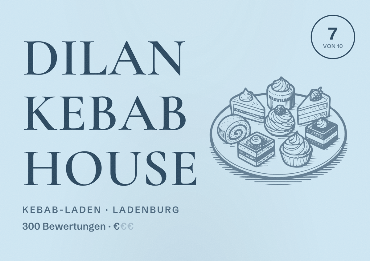Illustriertes Poster von Dilan Kebab House, Kebab-Laden in Ladenburg: Bewertung 7 von 10 aus 300 Bewertungen, Preisniveau €