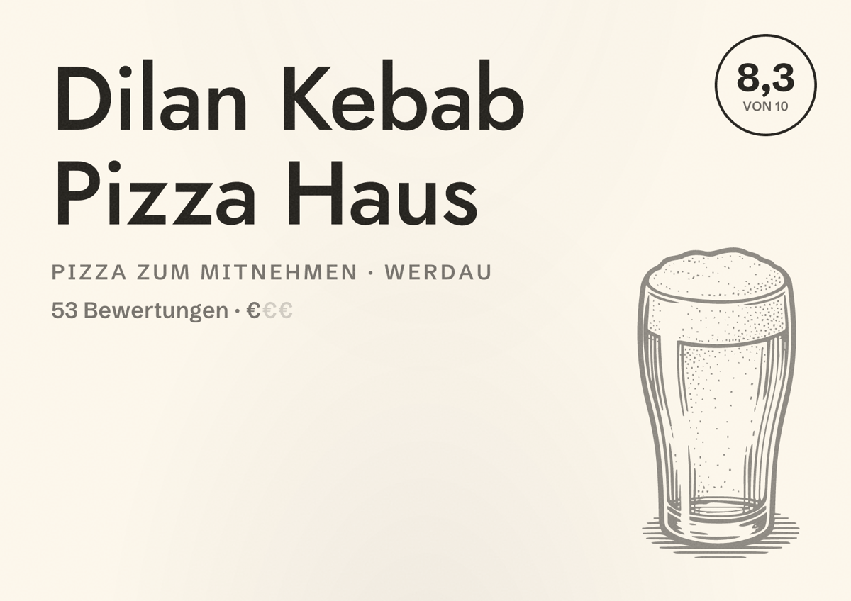 Illustriertes Poster von Dilan Kebab Pizza Haus, Pizza zum Mitnehmen in Werdau: Bewertung 8,3 von 10 aus 53 Bewertungen, Preisniveau €