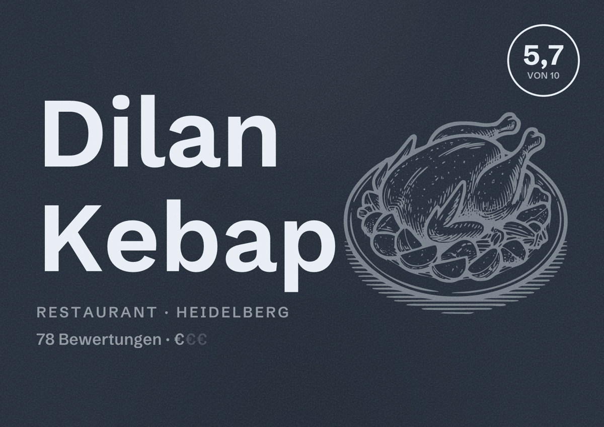 Illustriertes Poster von Dilan Kebap, Restaurant in Heidelberg: Bewertung 5,7 von 10 aus 78 Bewertungen, Preisniveau €