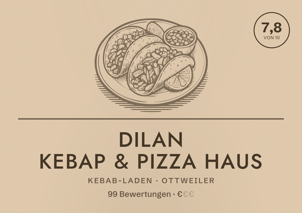 Illustriertes Poster von Dilan Kebap & Pizza Haus, Kebab-Laden in Ottweiler: Bewertung 7,8 von 10 aus 99 Bewertungen, Preisniveau €