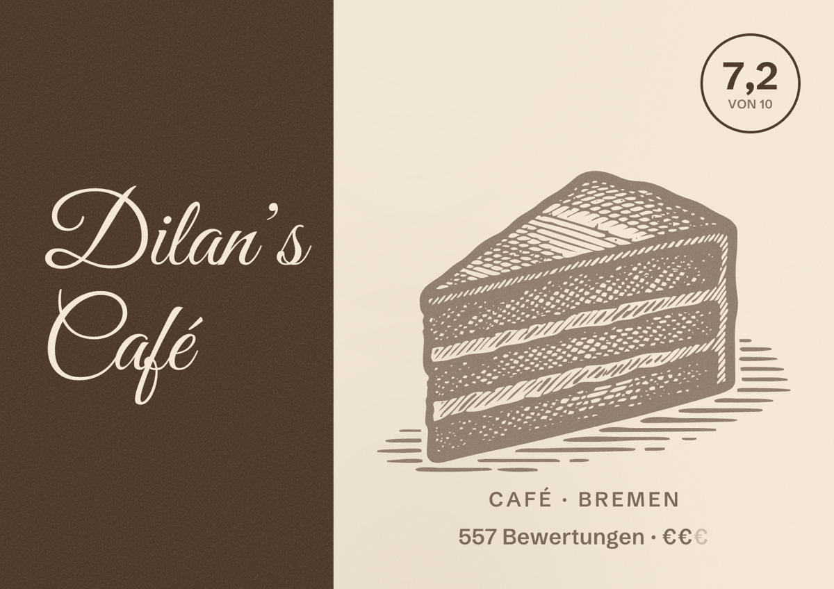 Illustriertes Poster von Dilan’s Café, Café in Bremen: Bewertung 7,2 von 10 aus 557 Bewertungen, Preisniveau €€