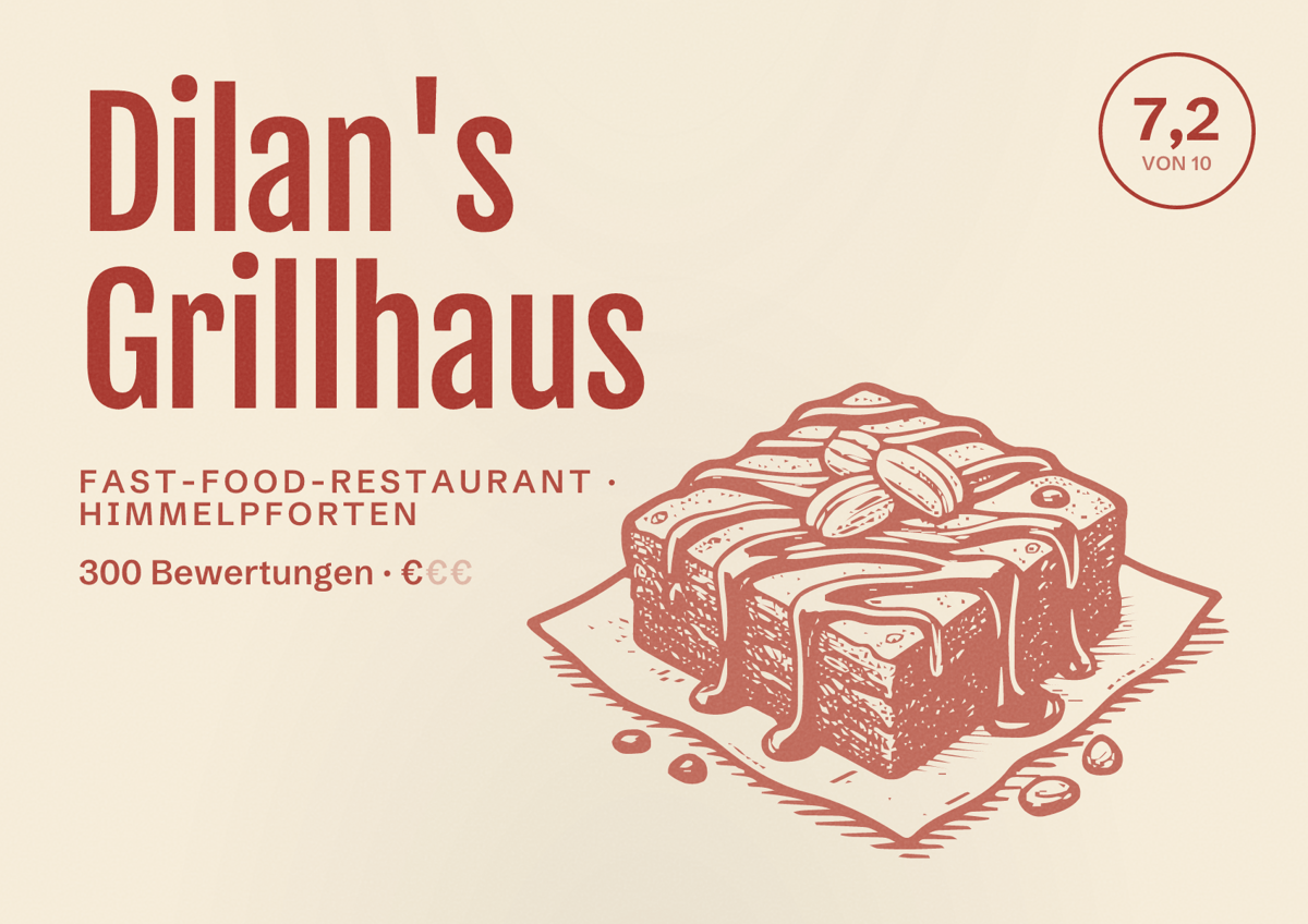 Illustriertes Poster von Dilan's Grillhaus, Fast-Food-Restaurant in Himmelpforten: Bewertung 7,2 von 10 aus 300 Bewertungen, Preisniveau €