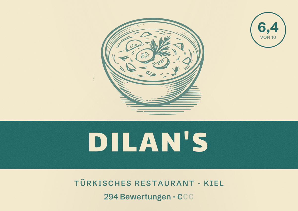 Illustriertes Poster von Dilan's, Türkisches Restaurant in Kiel: Bewertung 6,4 von 10 aus 294 Bewertungen, Preisniveau €