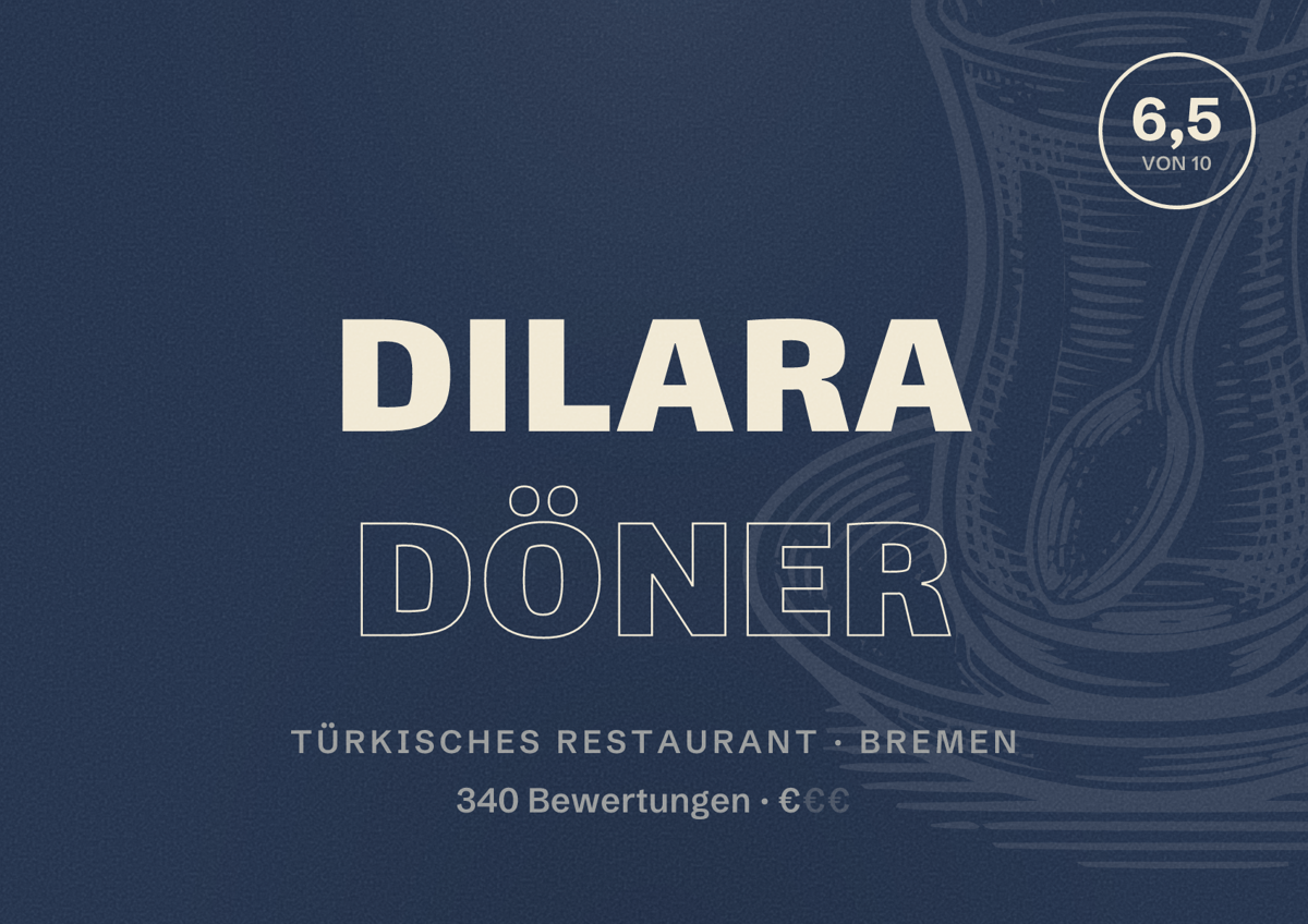 Illustriertes Poster von Dilara Döner, Türkisches Restaurant in Bremen: Bewertung 6,5 von 10 aus 340 Bewertungen, Preisniveau €