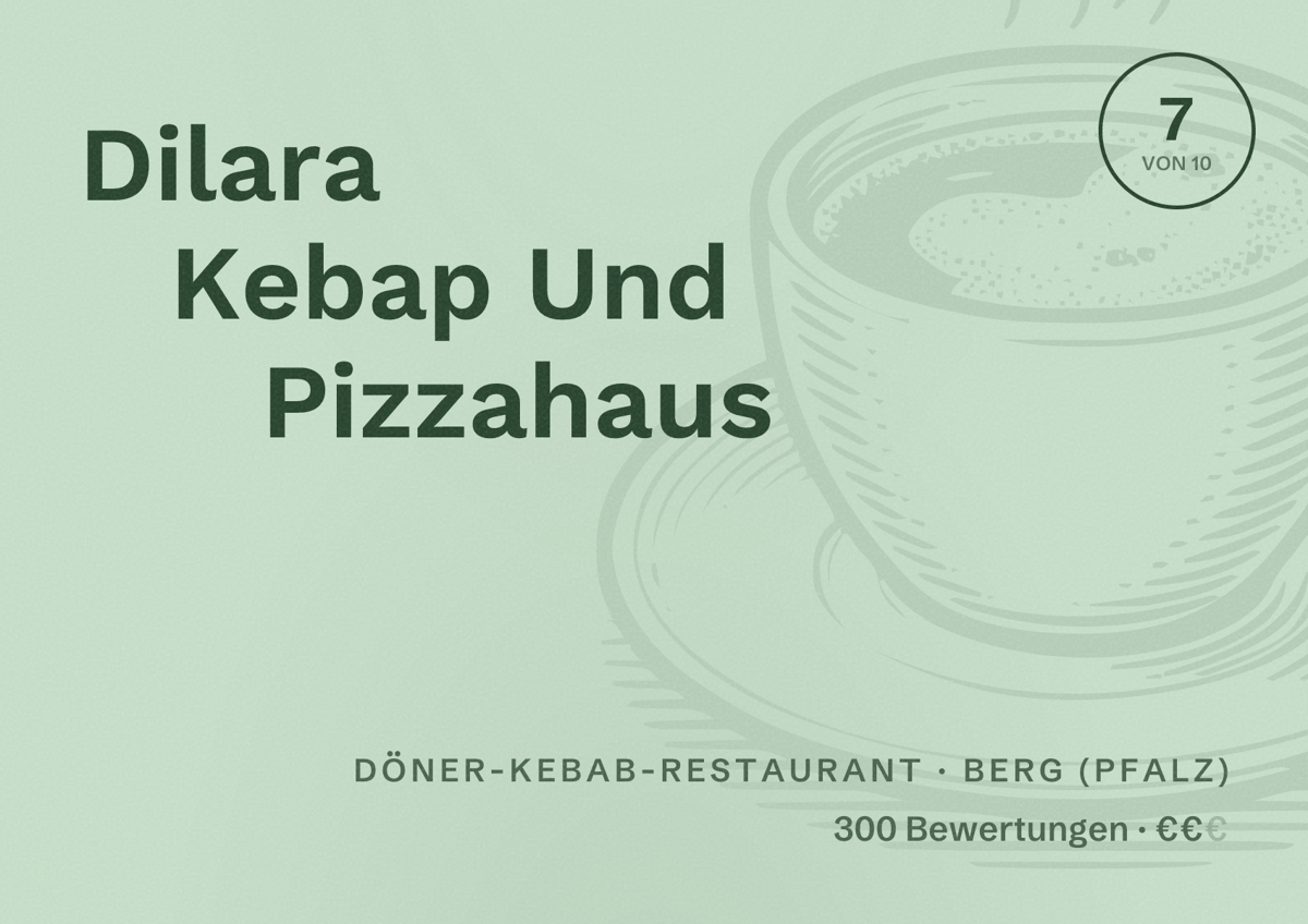 Illustriertes Poster von Dilara Kebap Und Pizzahaus, Döner-Kebab-Restaurant in Berg (Pfalz): Bewertung 7 von 10 aus 300 Bewertungen, Preisniveau €€