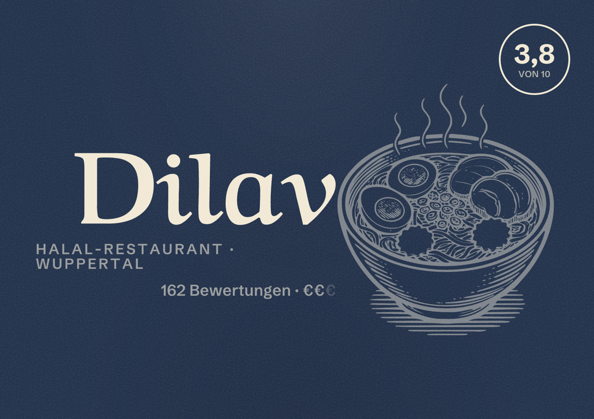 Illustriertes Poster von Dilav, Halal-Restaurant in Wuppertal: Bewertung 3,8 von 10 aus 162 Bewertungen, Preisniveau €€