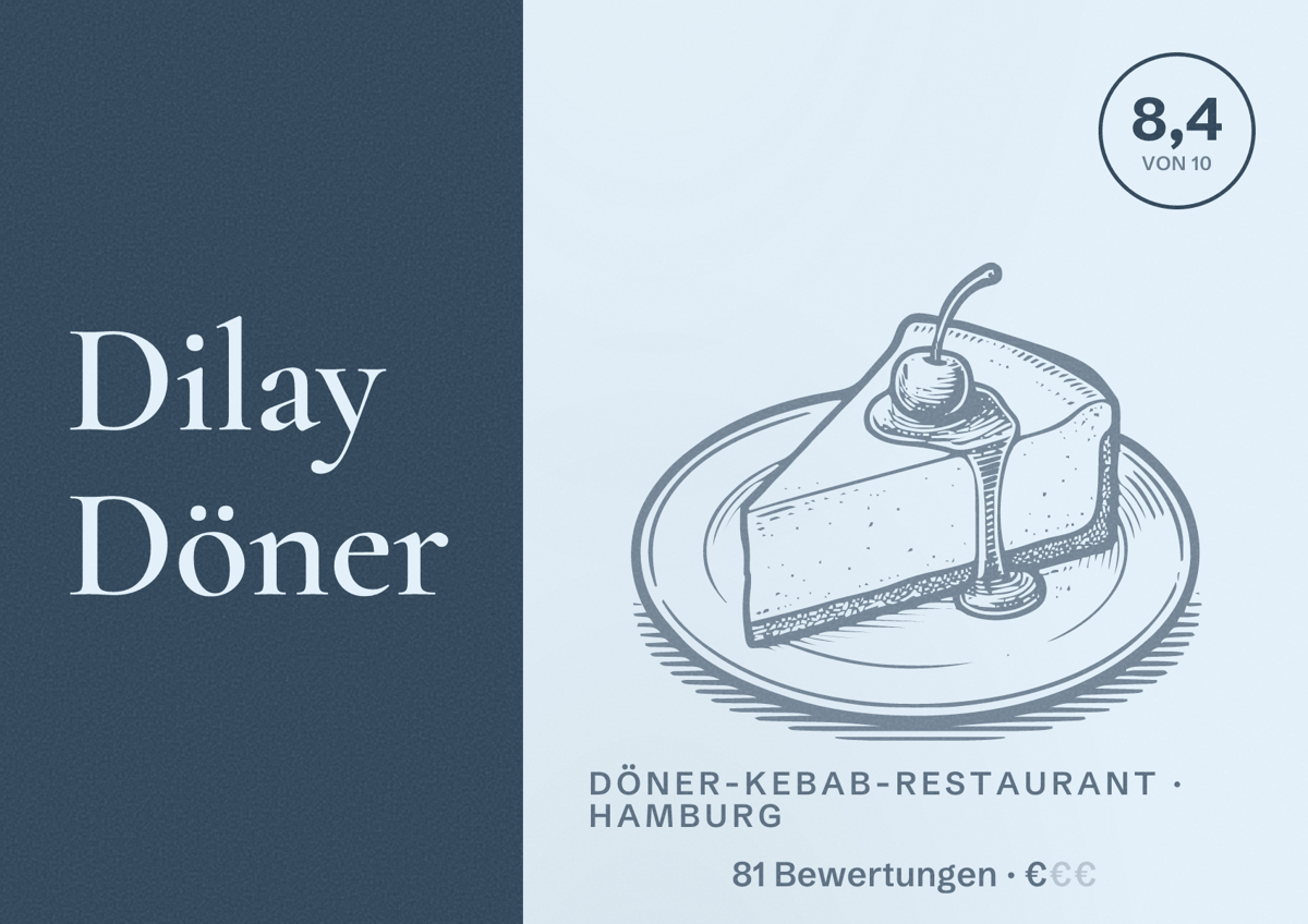 Illustriertes Poster von Dilay Döner, Döner-Kebab-Restaurant in Hamburg: Bewertung 8,4 von 10 aus 81 Bewertungen, Preisniveau €
