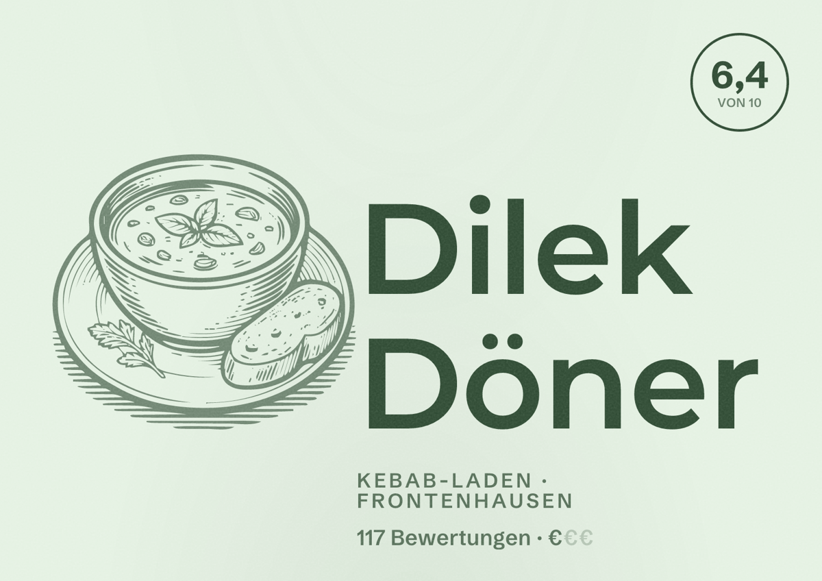 Illustriertes Poster von Dilek Döner, Kebab-Laden in Frontenhausen: Bewertung 6,4 von 10 aus 117 Bewertungen, Preisniveau €